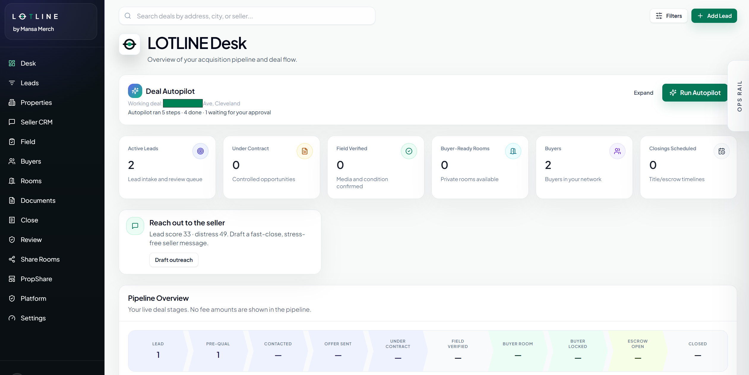 LotLine workspace dashboard showing deal pipeline, lead triage, and buyer matching