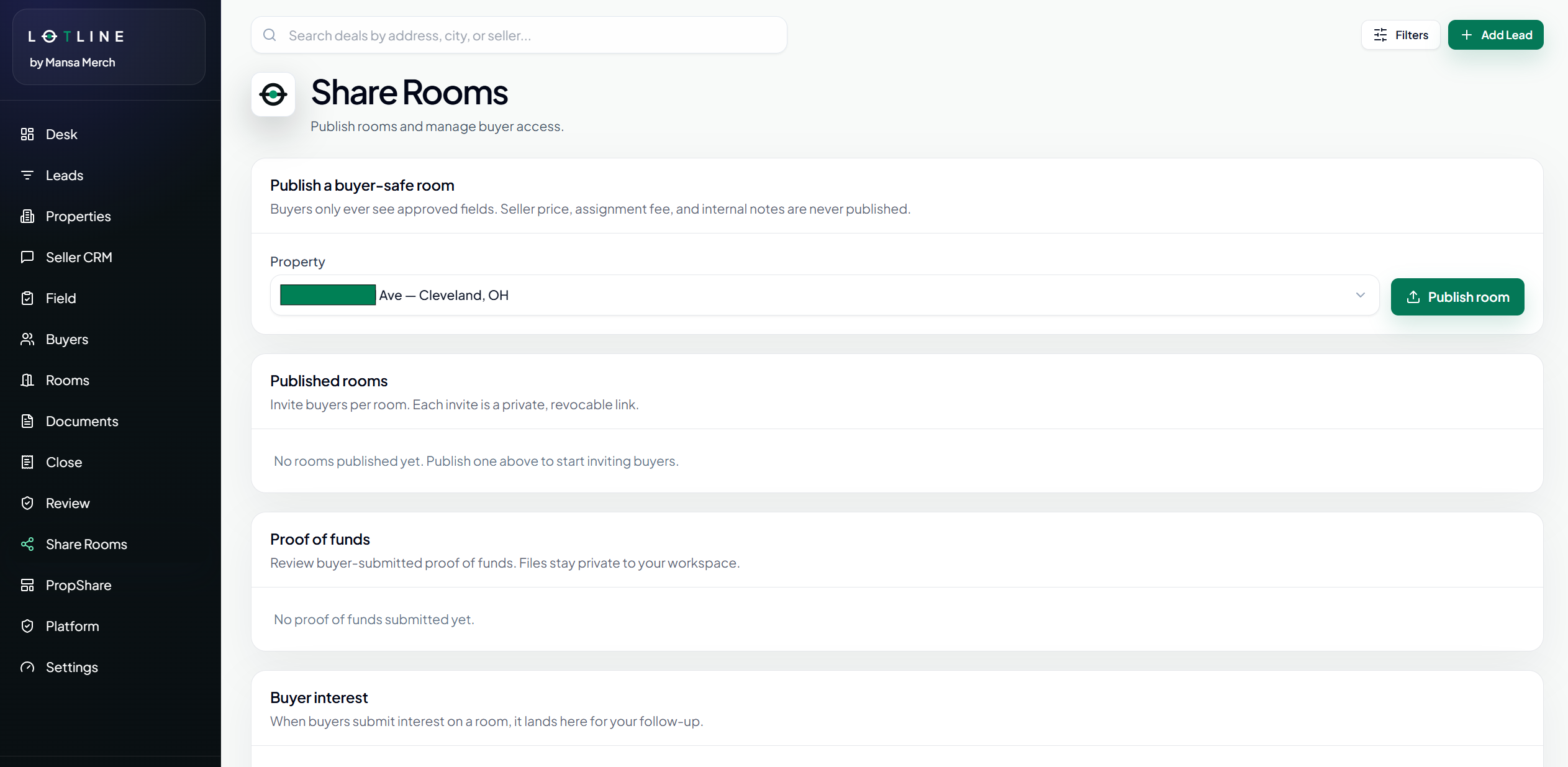 LotLine deal room showing contract assignment, deadline tracking, and disclosure prompts