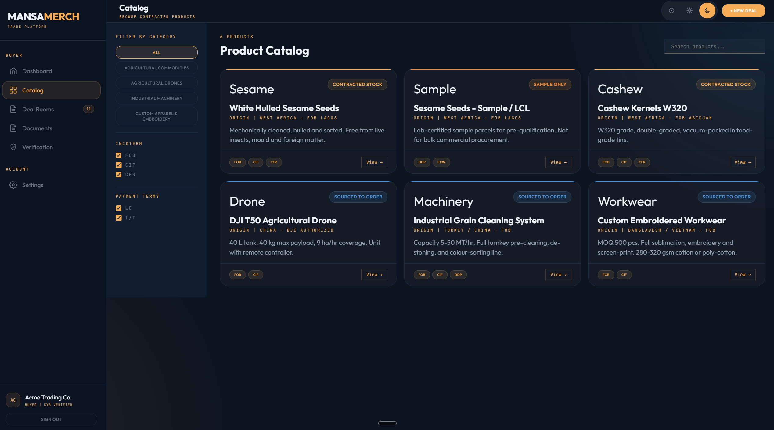 Meridian Trade Platform - Product Catalog with contracted commodities, Incoterm filtering, and deal room access