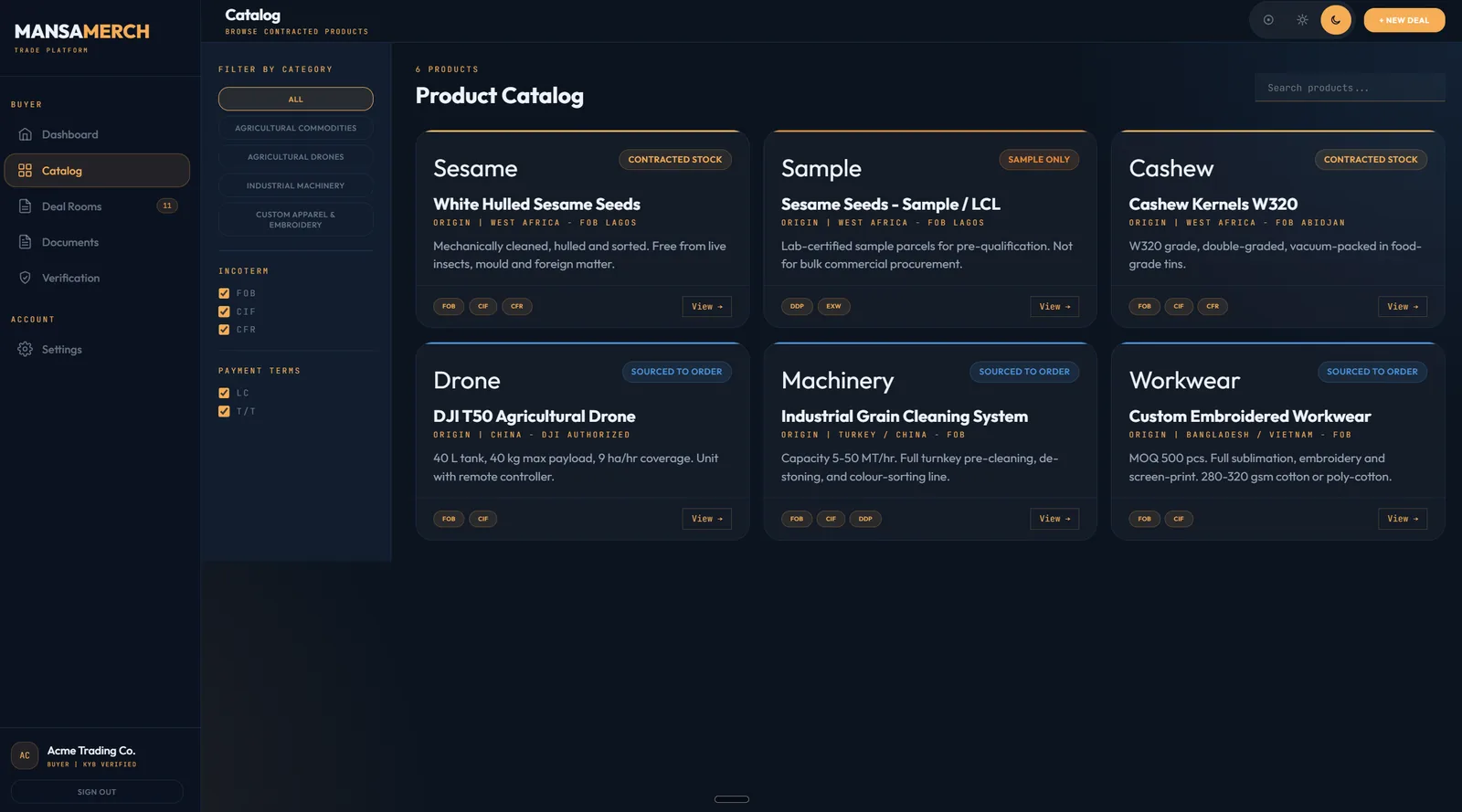 Meridian Trade Platform - Product Catalog with contracted commodities, Incoterm filtering, and deal room access