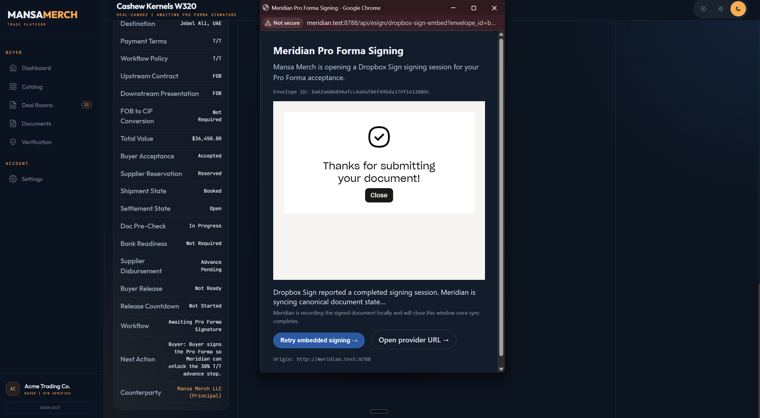 Meridian Trade Platform - Embedded Pro Forma signing session with deal room terms snapshot and payment progression controls