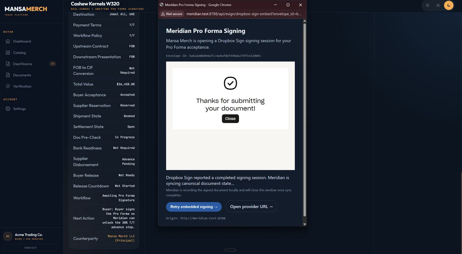 Meridian Trade Platform - Embedded Pro Forma signing session with deal room terms snapshot and payment progression controls