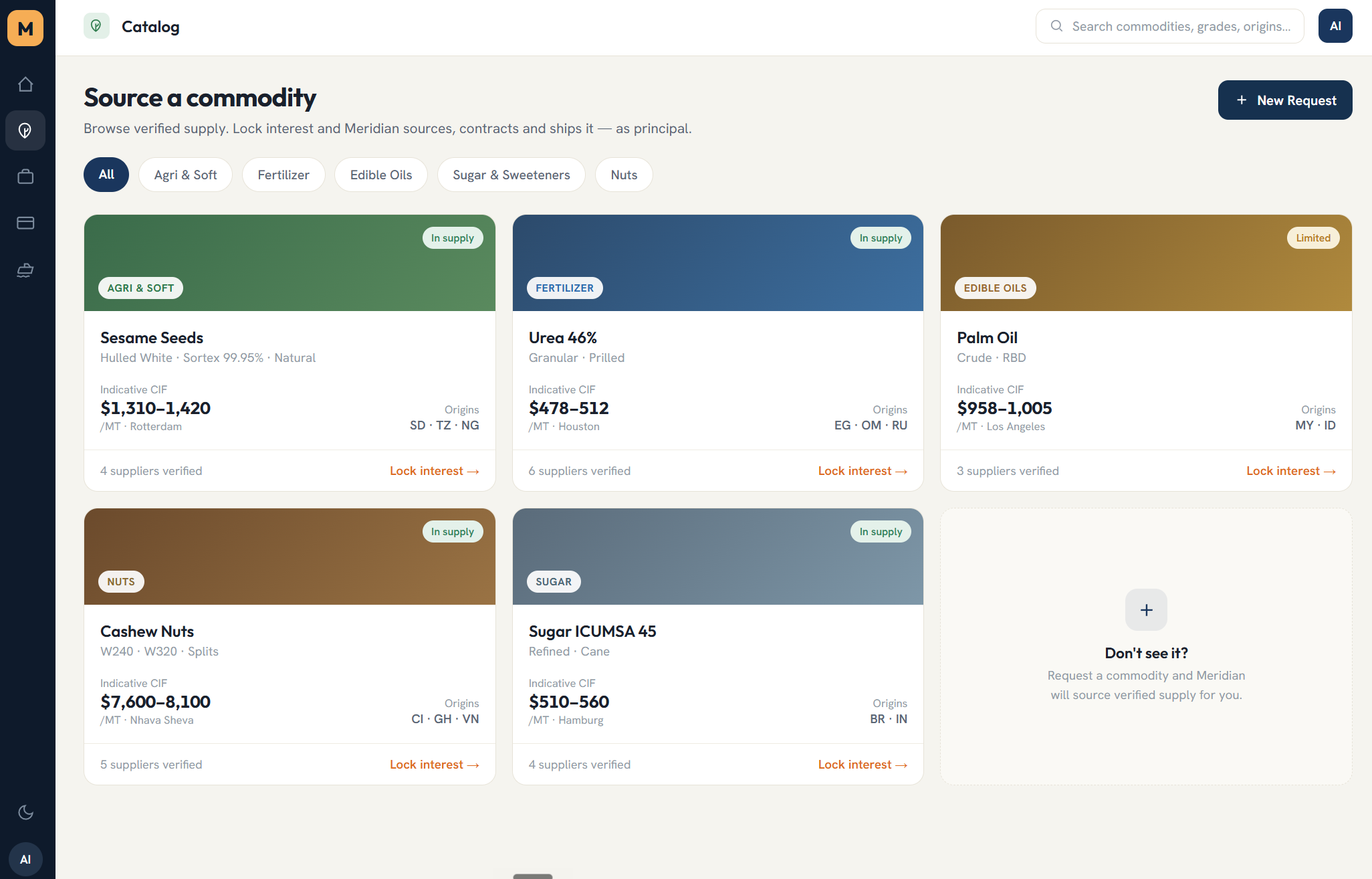 Meridian product catalog showing contracted commodities with Incoterm and payment filtering