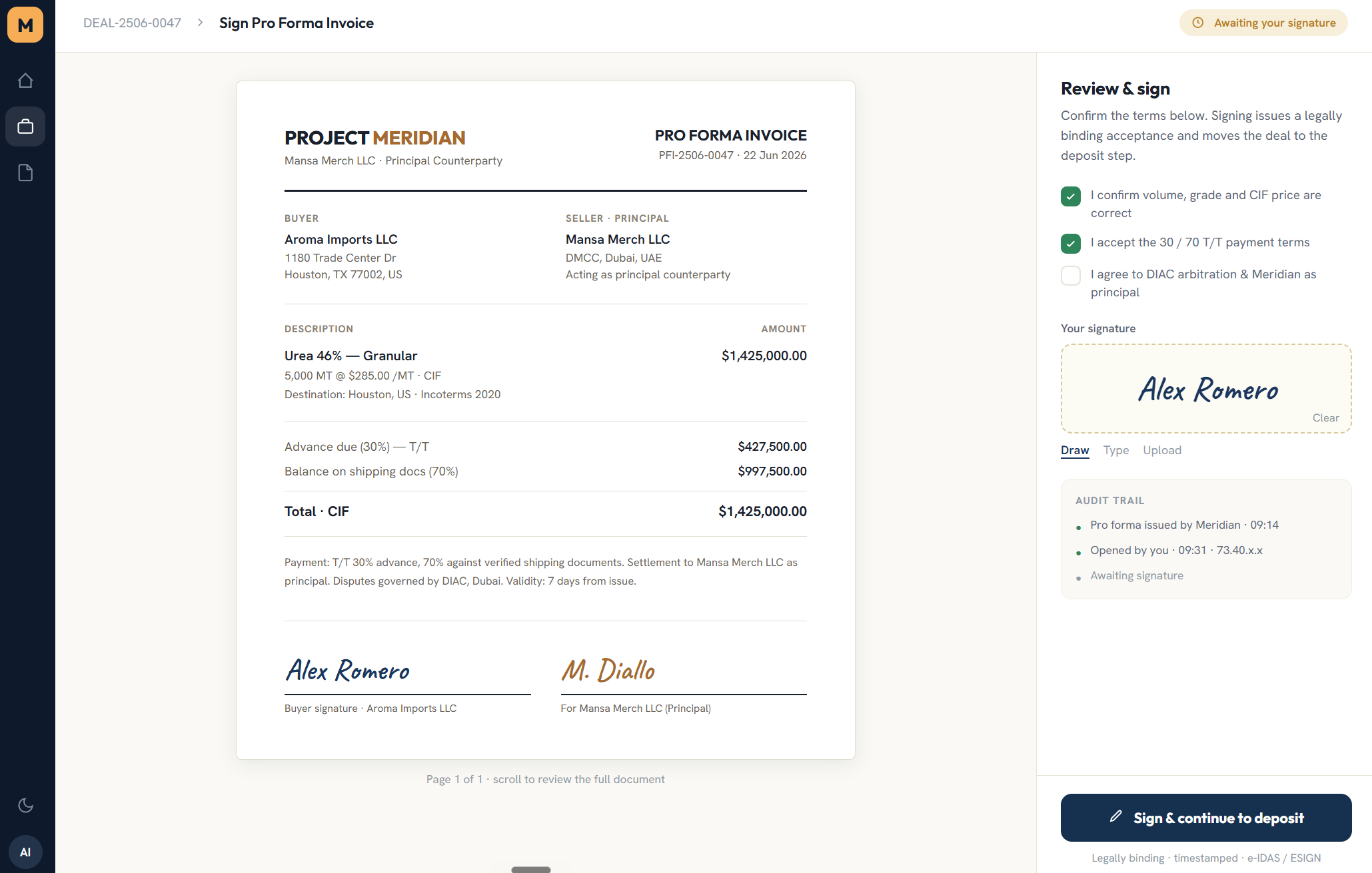Meridian deal room with embedded Pro Forma signing and payment progression controls